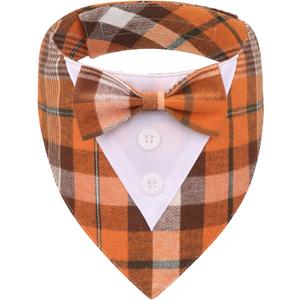 ADOGGYGO Fall Dog Tuxedo Bandana, Orange Plaid Pet Tux Collar with Bowtie, Adjustable Halloween Thanksgiving Formal Costume for Medium Large Dogs Pets (L)