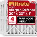 Filtrete 20x20x1 AC Furnace Air Filter, MERV 11, MPR 1000, Micro Allergen Defense, 3-Month Pleated 1-Inch Electrostatic Air Cleaning Filter, 4 Pack (Actual Size 19.69x19.69x0.81 in)