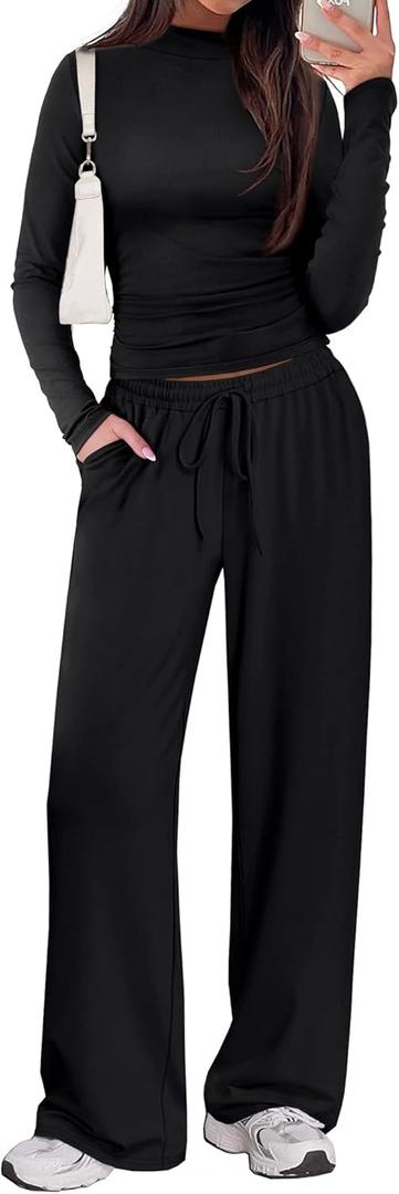 Sampeel Two Piece Lounge Set for Women 2 Piece Fall Outfits 2025 Mock Neck Ruched Tops Wide Leg Pants Travel Airport (Small, Black (Regular))