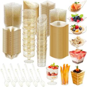 Tessco for you 400 Pcs Mini Appetizer Plates Dessert Cups Spoons Forks Set Dessert Containers Assorted Shape Plastic Parfait Cups Disposable Spoon Forks for Party Serving (Gold)
