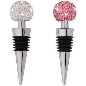 2 pack GSRYPC Bling Bling Decorative Crystal Diamond Wine Stopper,Zinc Alloy Silicone Crystal Wine Toppers Stopper Wine Set Accessories For Gifts, Bar, Holiday Party, Wedding（Silver+pink)