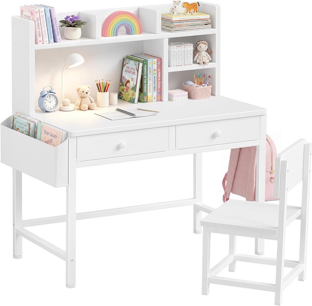 BOLUO White Kids Desk with Hutch for Kids Desk and Chair Set 10-12 Year Old, Children Study Desk with Fabric Drawer Storage for Girls Boys