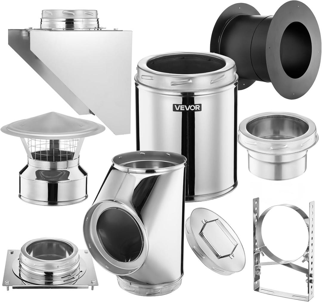 VEVOR Through The Wall Kit for 6-Inch Chimney Pipe, 304 Stainless Steel External Through Wall Chimney Kit with Cone-Top Rain Cap,Adjustable Mounting Bracket,Base Support for Outdoor Roof,Silver
