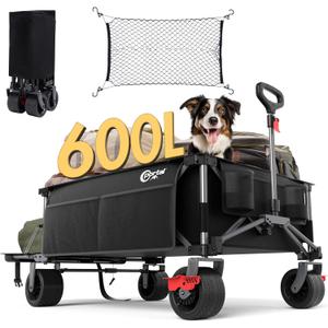 PORTAL 26" Extra Wide 55" Long Foldable Wagon with Tailgate, Large 600L Collapsible Wagon with Cargo Net, 400 LBs Heavy Duty Utility Cart with Big All-Terrain Wheels for Beach, Camping, Sports, Dogs