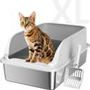 Stainless Steel Cat Litter Box with Lid, XL Extra Large High Sided Litter Box for Big Cats, Odor Free Open Top Litter Pan Easy Cleaning Anti-Urine Leakage Non-Stick, Includes Scoop, Light Grey