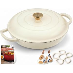 Parmedu Cast Iron Dutch Oven, 3.8 Quart, White, Shallow Braiser & Casserole