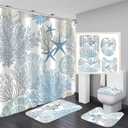 Nkzply 4 Pcs Beach Shower Curtain Blue Bathroom Sets with Shower Curtain and Rugs Ocean Shower Curtain Set Starfish Bathroom Decor Accessories Seashell Bathroom Rug Set Nautical Toilet Lid Cover Hooks (ONLY BATH RUG AND SHOWER HOOKS)