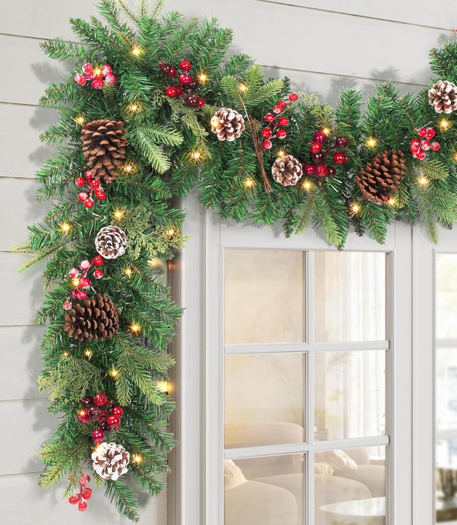 LAVEVE Pre-lit Christmas Garland 9FT with 100 Warm Lights, Battery Operated Xmas Garland with Pine Cedar Cones & Red Berries, Christmas Decoration for Mantle Fireplace Stair Railing Porch (Evergreen Glow)