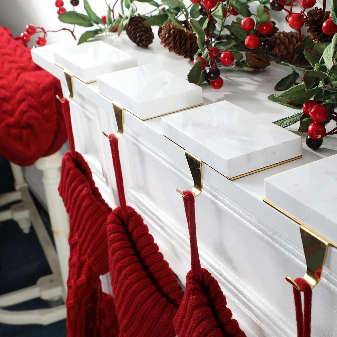 Fonder Mols Christmas Stocking Holders for Mantle, Heavy Deauty Xmas Fireplace Hanger Hooks Metal Grips Clips, White Marble (2)