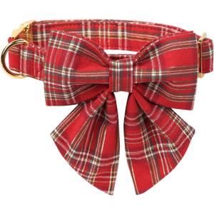 MR. CHUBBYFACE Christmas Red Plaid Dog Collar with Sailor Bow, Adjustable Cotton Christams Puppy Collar with Metal Buckle, Cute Boy Girl Pet Collars for Small Medium Large Dogs (XS)