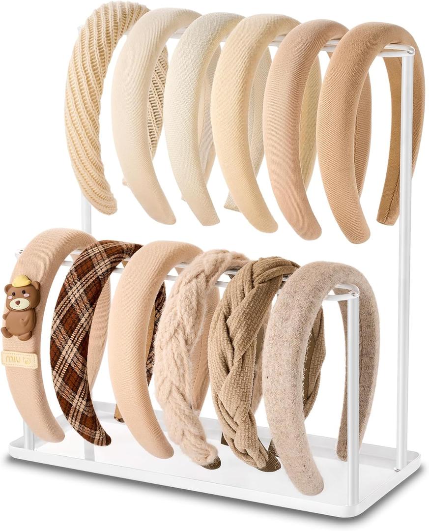 pickpiff Headband Holder Organizer Metal 2-Tier with Tray: Hair Accessories Display Stand Storage, Purse Charms Key Rings Rack Necklace Stand Home Bedroom for Girls Women, White