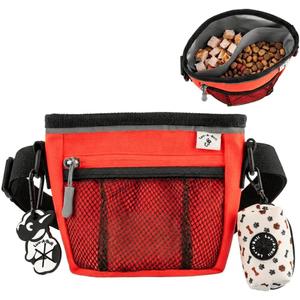 Dog Training Treat Pouch, Training + Walk Kit, Easy Clean Seperate Treat Storage, 3/4 Cup Each Side, Crossbody, Clip On, Waist, Magnetic, Poop Bag & Waste Clip, Hands Free- Flour. Orange Small 5x5