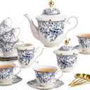 TATSUMI Country Roses Porcelain Tea Set, European Ceramic tea set for adults,Vintage Style, For Women and Tea Parties (BLUE, 21 Pieces Set)