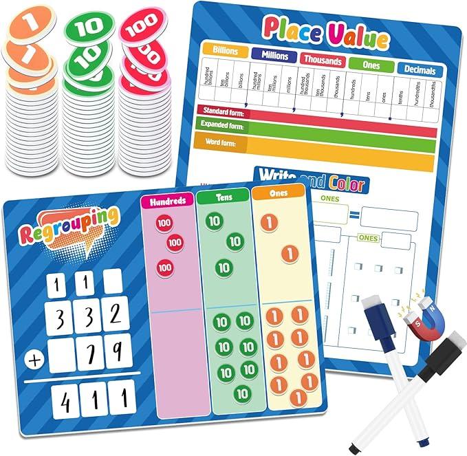 Place Value Magnetic Regrouping Base Ten, Addition and Subtraction Math Manipulatives, Classroom Must Haves for 1st 2nd 3rd Grader, Math Tutoring Supplies for Classroom Homeschool Small Group