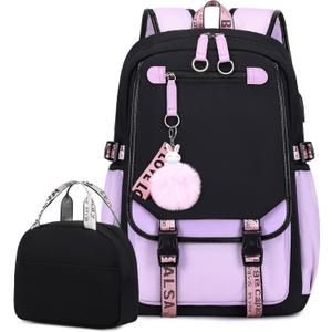 Bevalsa Backpack with Lunch Bag Bookbag Set for Girls Kids Middle High School College Student 21L Casual Daypack Children Schoolbag Bookbag with USB Charging Port (Purple)