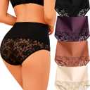 Shapewear for Women Tummy Control High Waisted Panties Sexy Lace Breathable Plus Size Briefs 4-Pack (Black / Purple / Caramel / Nude)