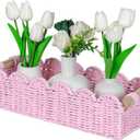 CubesLand Paper Rope Scalloped Edge Gift Basket Empty, Small Living Room,Bedroom Decor Baskets, Pink Woven Toilet Paper Storage Basket, with 2 Wooden Handle, Rectangular (M - 14"L x 6.3"W x 3.9"H)