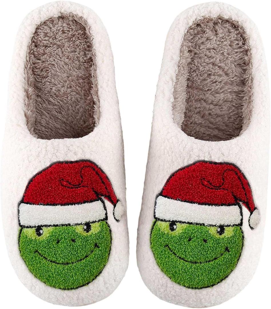 Christmas Slippers For Women Men Indoor Soft Warm Cotton Bedroom Reindeer Slippers House Memory Foam Slippers Cozy Fluffy Fall Winter Home Slippers (9-10 Women/8-8.5 Men)