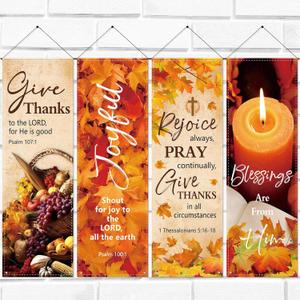 4 Pcs Thanksgiving Church Banners with Pole for Sanctuary Wall 2 x 6 Feet Autumn Harvest Inspirational Bible Verses Wall Decor Religious Praise Hanging Signs for Sunday School Church
