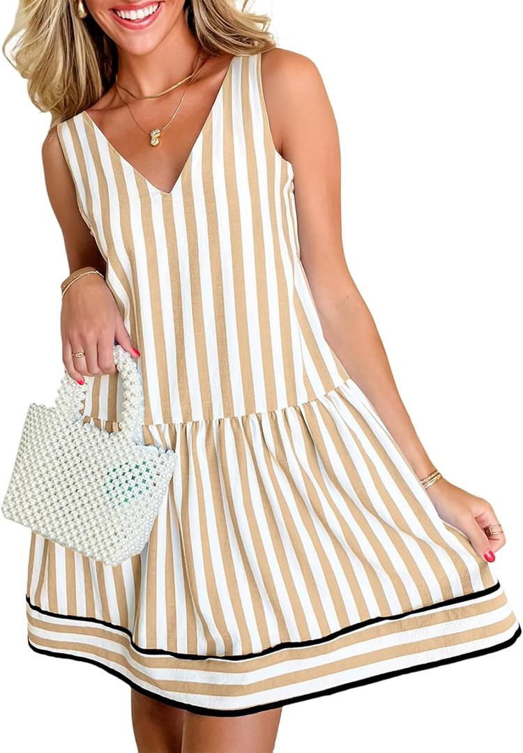 Acelitt Womens Summer Sleeveless Striped Dresses Casual Loose V Neck Flowy Ruffle Babydoll Dress Beach Vacation Sundress (Large, Khaki and White Stripe)