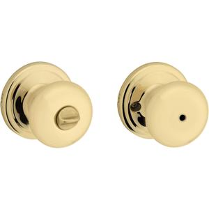 Kwikset Juno Interior Privacy Door Knob with Lock, Door Handle For Bathroom and Bedroom, Polished Brass Keyless Turn Lock Doorknob (1 Pack)