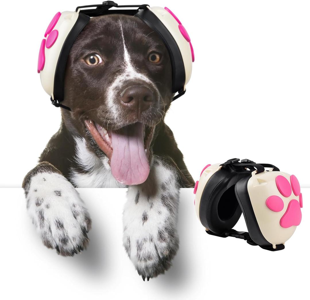 Upgraded Dog Ear Muffs for Noise Protection - 22dB NRR Noise Cancelling Headphones with Dog Paw Design, Calming Earmuffs for Thunder, Fireworks & Hunting (L, White-Pink)