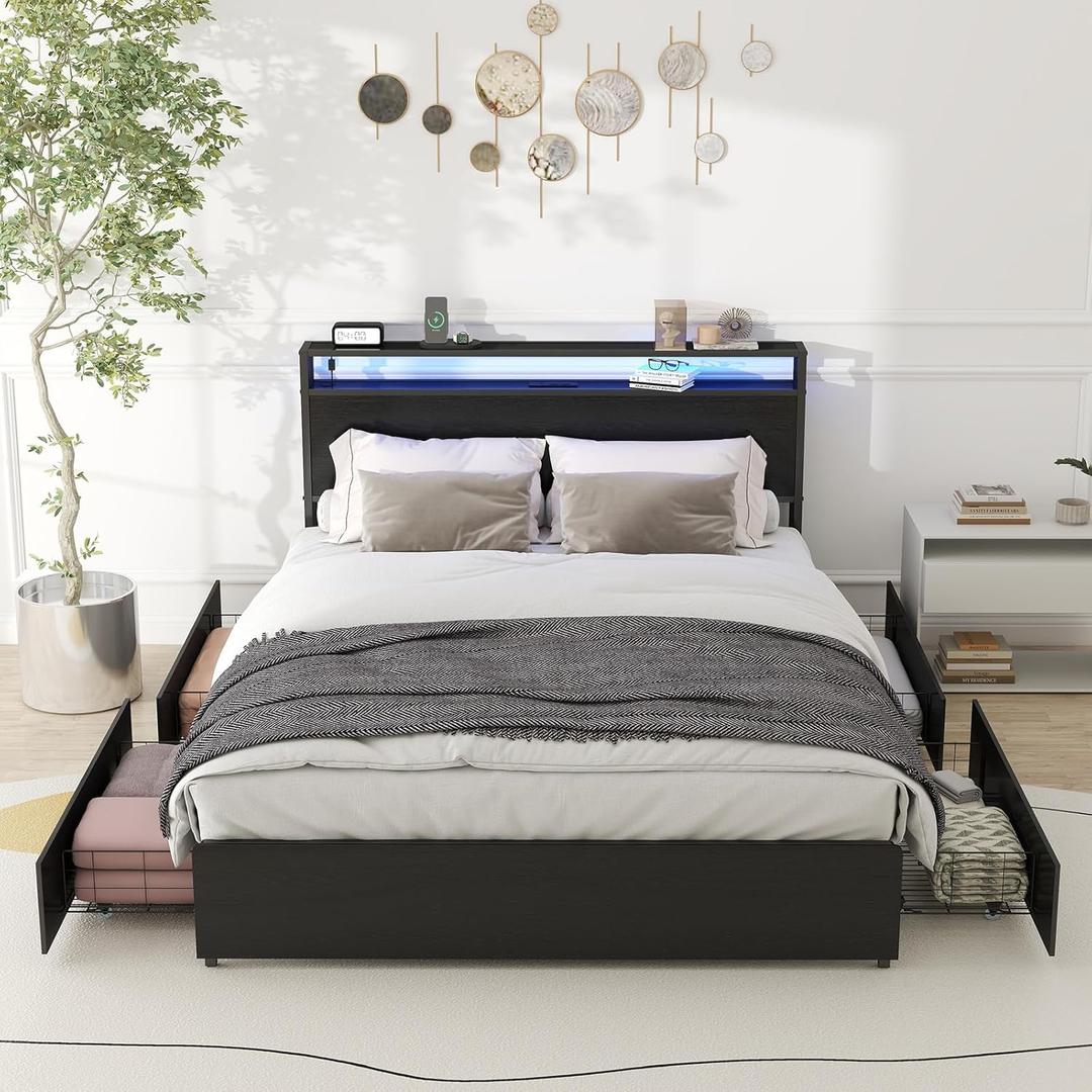 Full Bed Frame with 4 Storage Drawers, Full Size Bed Frame with Headboard, LED, Charging Station with USB Ports & AC Outlets, Sturdy Metal Slat Support, No Noise, Black