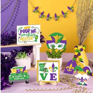 Kajaia 13 Pcs Mardi Gras Tiered Tray Decor Set Wooden Carnival Table Centerpiece Mardi Gras Tiered Tray Decorations Purple Gold Green Venetian Masquerade Mask Gnome Truck Signs for Home Kitchen Bar