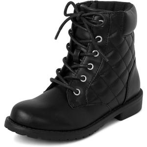 The Children's Place Girls' Girls Lace Up Combat Boots (2 Big Kid, Black Quilted)