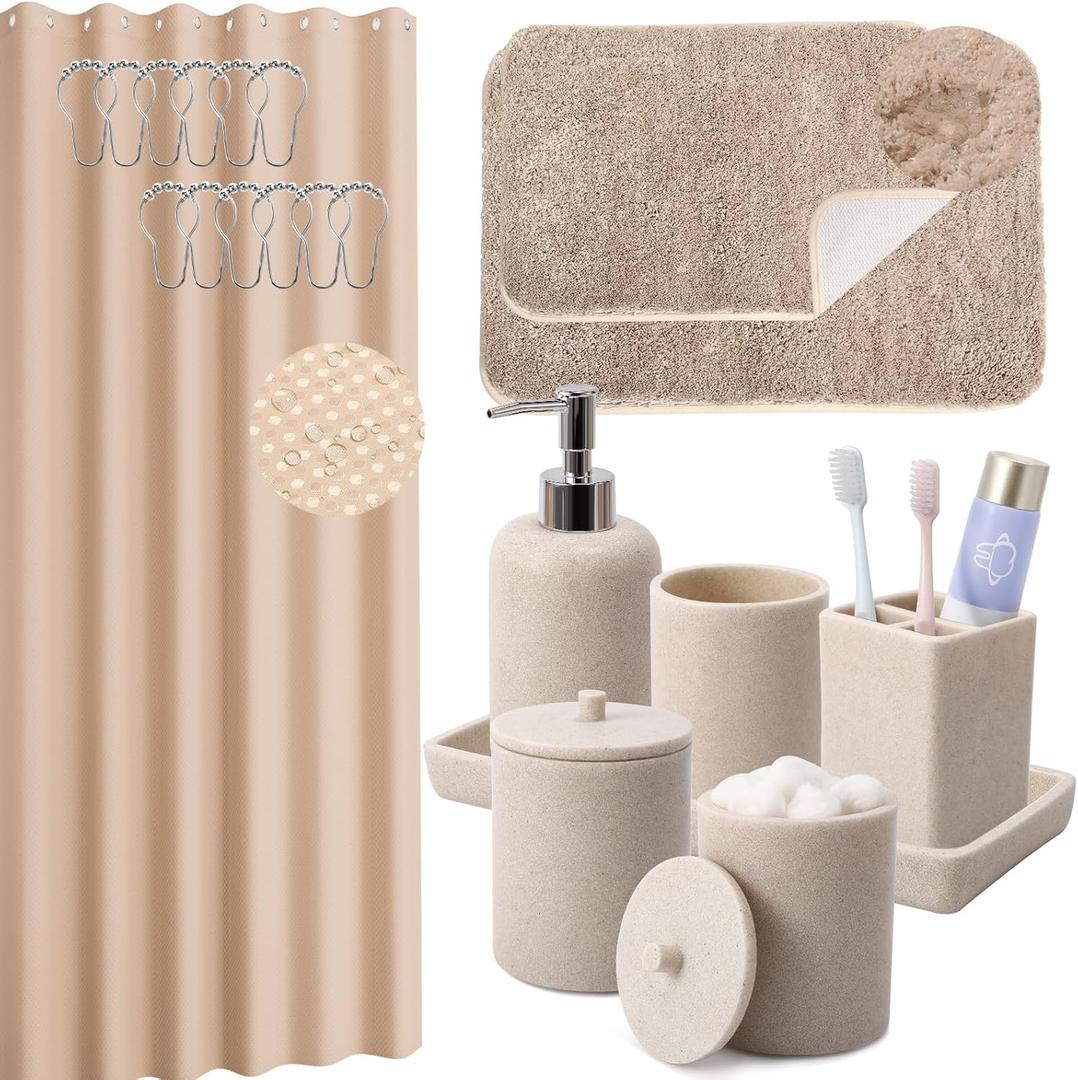 21 Pcs Bathroom Accessory Set with Waterproof Shower Curtain and Non Slip Mat,Resin Bath Set with Toothbrush Holder and Lotion Soap Dispenser,Bathroom Countertop Organizer Set for Home Apartment (Beige)