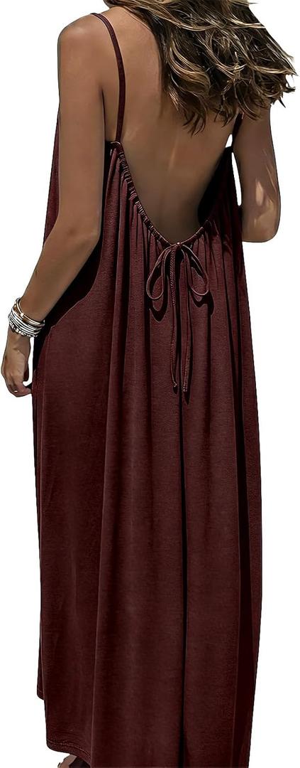 Women's Backless Cami Maxi Dress Spaghetti Strap Beach Dress Loose Vacation Sundress, XL