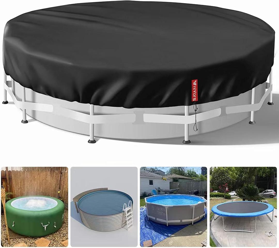 15 Ft Round Pool Cover, Hot Tub Cover, Solar Pool Covers for Above Ground Pools, Heavy-Duty Waterproof Dustproof Pool Solar Cover with Drawstring and Ground NailsBlack