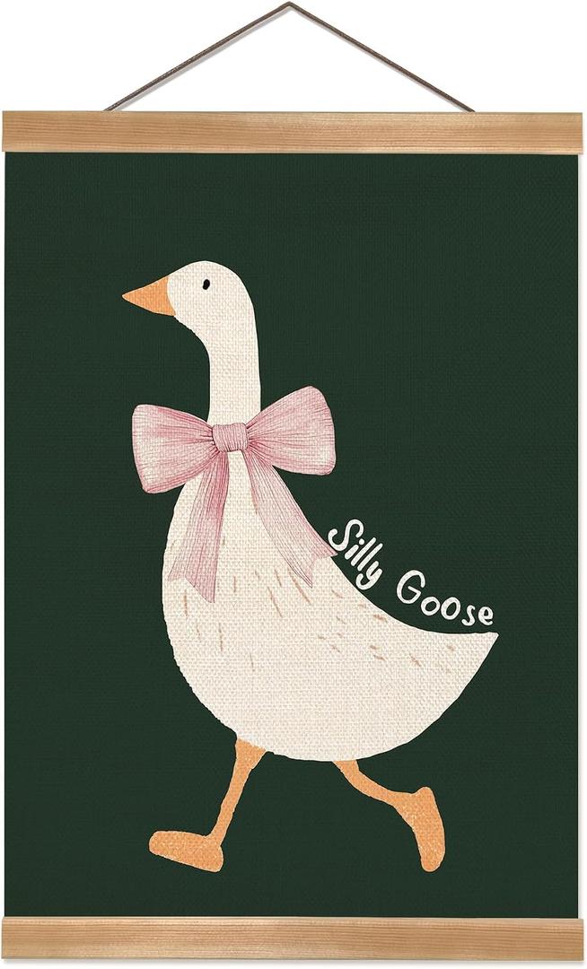 ZTGDA Silly Goose Wall Art Poster for Nursery and Playroom – Cute Bow Goose Hanging Print with Frame, Farm Animal Decor for Kids Room,Toddler Room,Library Reading Room 16x12inch (Green)
