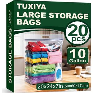 TUXIYA 20 PACK Extra Large Storage Bags, 10 Gallon 24"x20"x7", Resealable Clear Bags with Handle, XL Heavy Duty for Clothes Travel Moving, Double Zipper Seal, Expandable Bottom, Thick 8 Mils