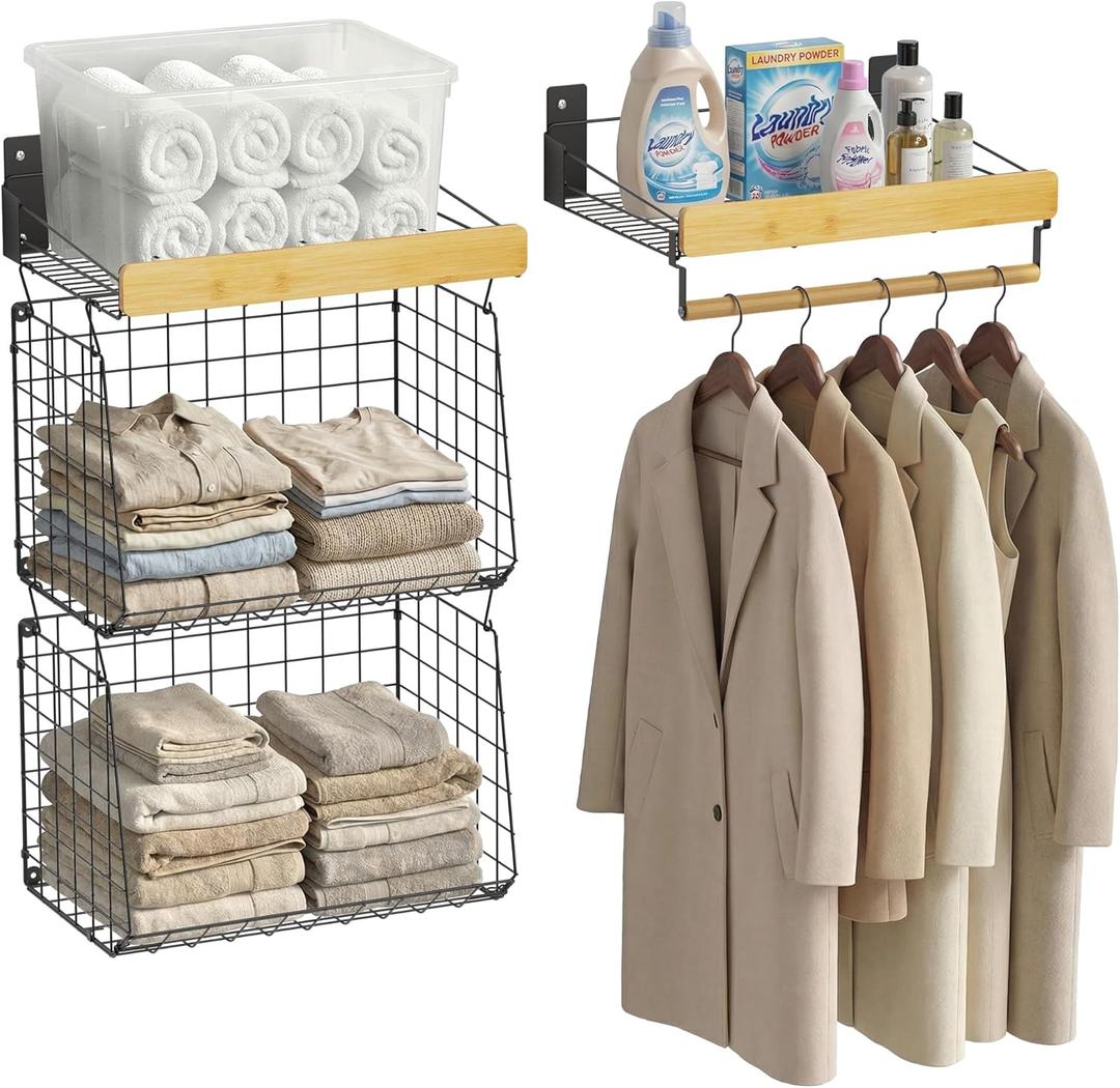 Wall Mounted Laundry Room Shelves, Wire Baskets with 8 Hooks and Hanging Rod, Over The Washer and Dryer Shelf, Drying Rack, Laundry Room Organizer and Storage, 2 Pack Black