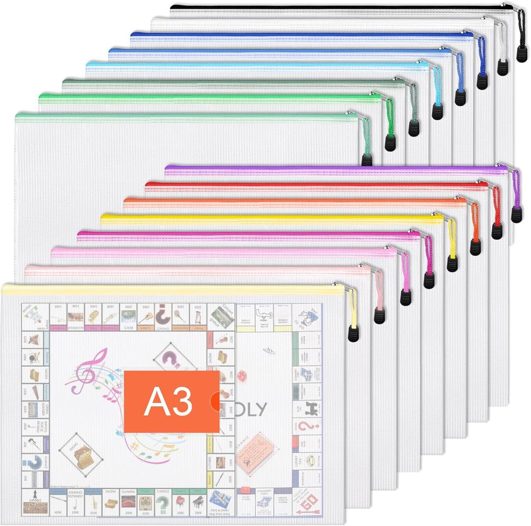 EOOUT 16pcs Mesh Zipper Pouch Bags, A3 Large Zipper Bags Board Game Storage with Labels, 16.7x12.4 Inch Plastic Zip File Folders Puzzle Storage Bag for Organizing Classroom Office Home