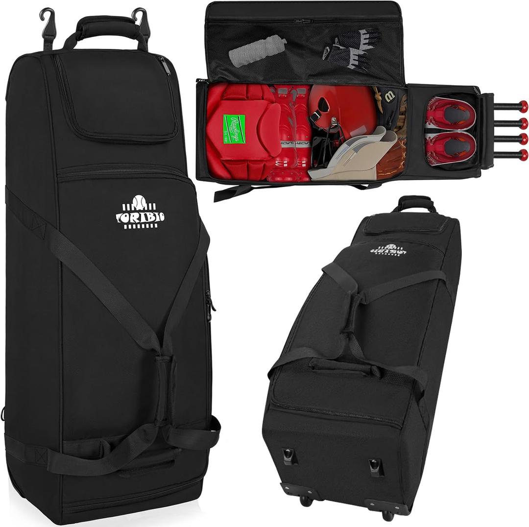 Large Rolling Baseball Bag with Wheels,Softball Catcher Gear Bag for 4 Bats with Fence Hooks ,Portable Roller Baseball Bag with Separate Shoe Space,Baseball Equipment Bag Holds Bat, Helmet and More (36"x12.2"x12.2")