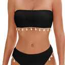 ZAFUL Women Strapless Bandeau Bikini Shell 2 Piece Swimwear Cheeky Solid Lace up Pom Bathing Suits (Small, 0-black)