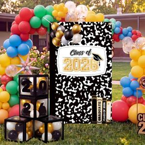 2026 Preschool Graduation Decoration Kit Composition Notebook Graduation Backdrop 43x70'' Grad Box with Letter 20pcs Balloon Black and Gold Class of 2026 Grad Party Decor for Kindergarten Classroom