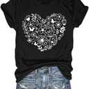 Women Boho Wildflower Shirts Funny Flower Plant T Shirt Cute Daisy Graphic Tees Short Sleev Vacation Tops (X-Large)R-Black