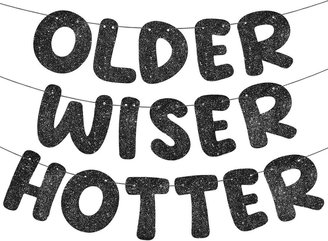 Fulmoon Set of 3 Pre Strung Older Wiser Hotter Glitter Banner Funny Birthday Banner for Women 30th 40th 50th 60th 70th 80th Birthday Party Decorations Sign Gift(Black)