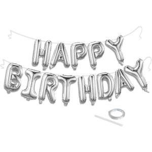 Silver Happy Birthday Balloon Banner Set -16 Inch Foil Letters Balloons, Reusable Birthday Decorations and Party Supplies, Suitable for Men and Women's Birthday DecorationsParty Backdrop