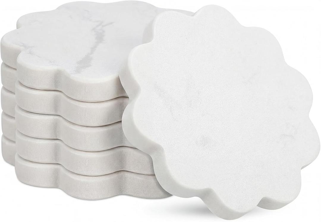 6 Piece Marble Coaster Set 4 x 4 Inch Natural Stone Coasters Scalloped Calacatta White Stone, Luxury Home Decoration, Drink Coasters for Coffee Table, Desk, Bar, Elegant Tabletop Accessories