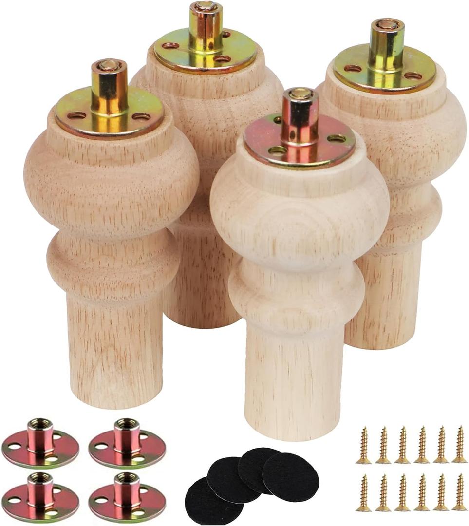 5 Inch Wooden Unfinished Bun Feet for Dresser Legs Couch Sofa Cabinet Ottoman DIY Replacement Wood Furniture Legs Set of 4 M8 Bolt Screw in (5)