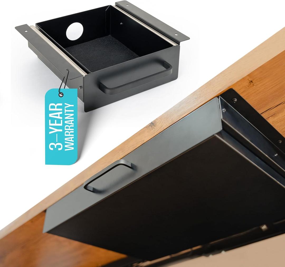 Under Desk Drawer Slide Out Attachment - Carbon Steel Undermount Table Drawer with Cable Management, Pull Out Add-On Storage for Office & Standing Desks (7.5" x 8" x 2.8") (Small)