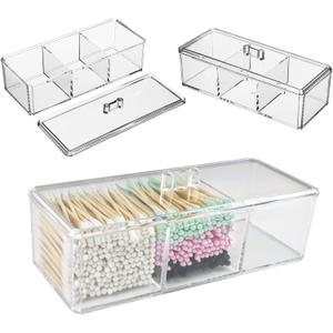 UTTH-DTTK Clear Cotton Ball and Swab Holder 3 Divided Compartments with Lid, , Waterproof Bathroom Organizers Small Plastic Storage Containers, Vanity Makeup Organization (A)