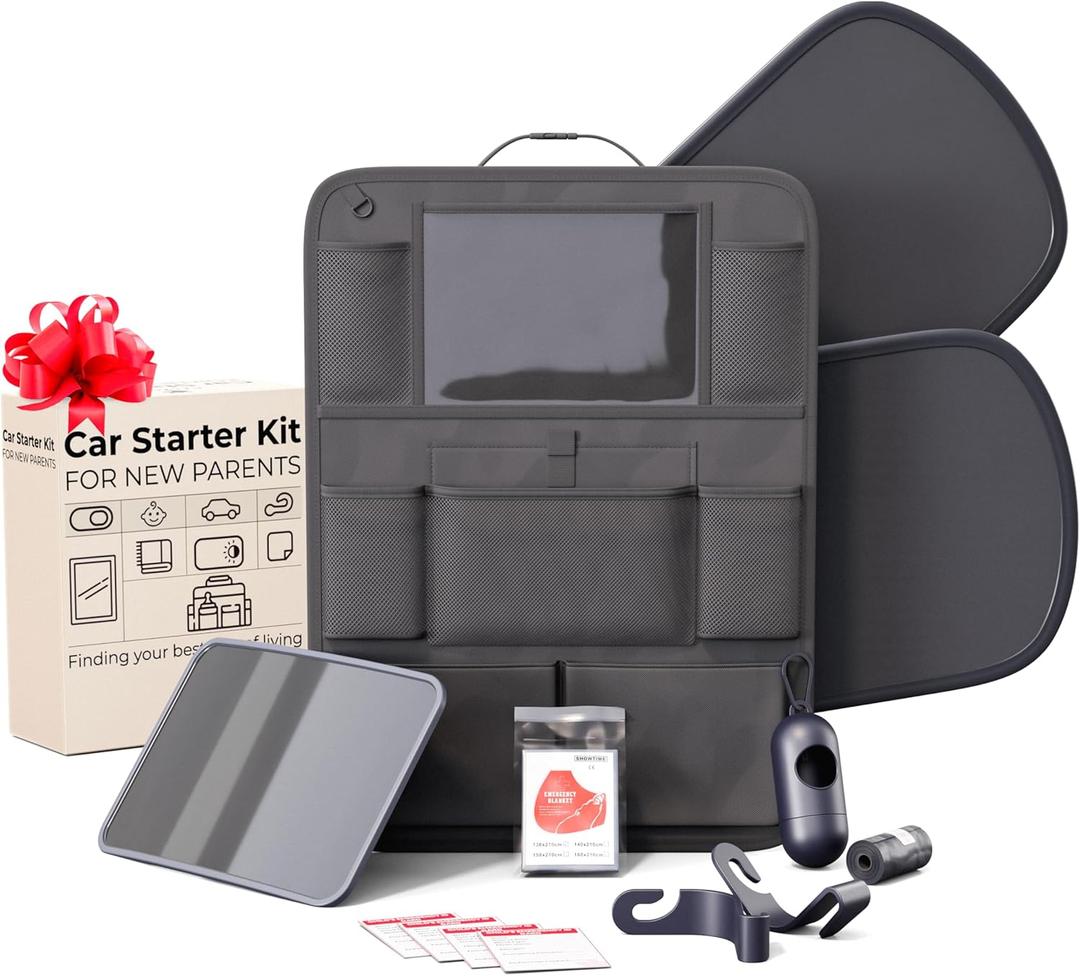 Baby Car Essentials Starter Kit for New Parents w/ 1 Backseat Organizer 2 Window Sun Shades 2 Headrest Hooks 1 Rear Facing CarSeat Mirror  Baby Car Stuff Must Haves & Newborn Essentials