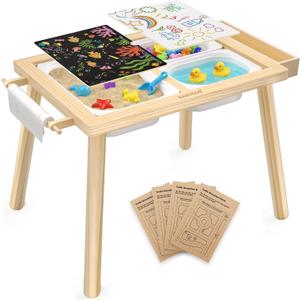 Easyego Wooden Sensory Table Multifunctional Sand & Water Table with Double-Sided Lid, Paper Roll, Storage Box, Transparent & Game Board, and Foldable Bins for Kids' Indoor & Outdoor Play