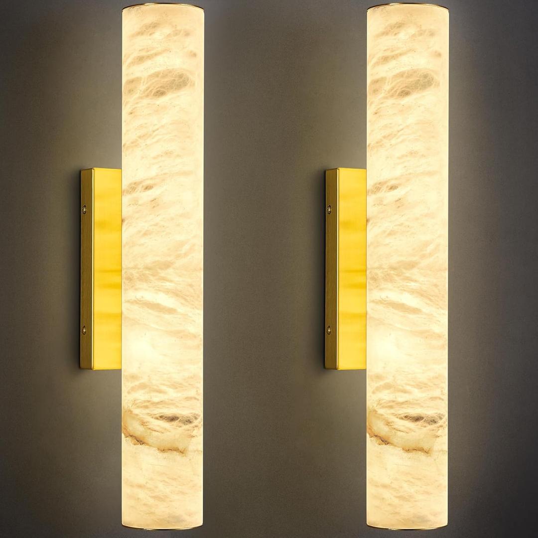 LMQNINE Natural Alabaster Wall Sconces Set of Two Spanish Marble Wall Light Cylinder Modern Gold LED Sconce for Bedroom Bathroo Stairs Living Room（S-2Pack）