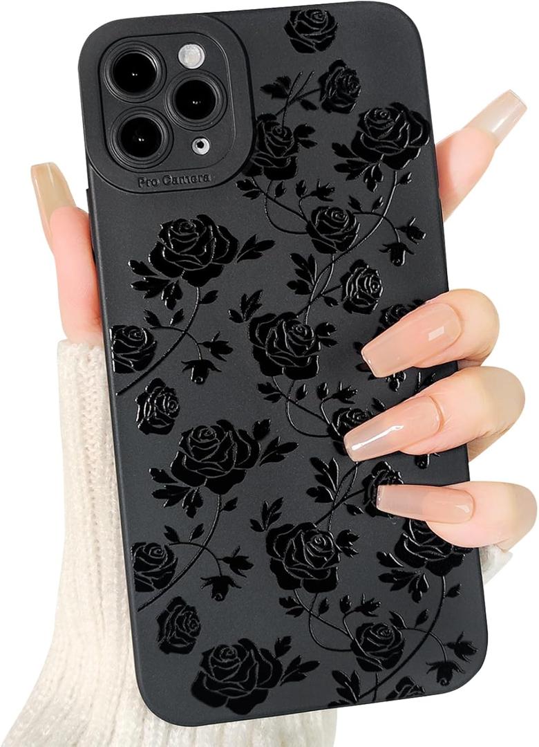 Lovmooful Compatible for iPhone 11 Pro Case Cute Cool Flower Floral with Black Design for Girls Women Soft TPU Shockproof Protective Girly for iPhone 11 Pro-Rose